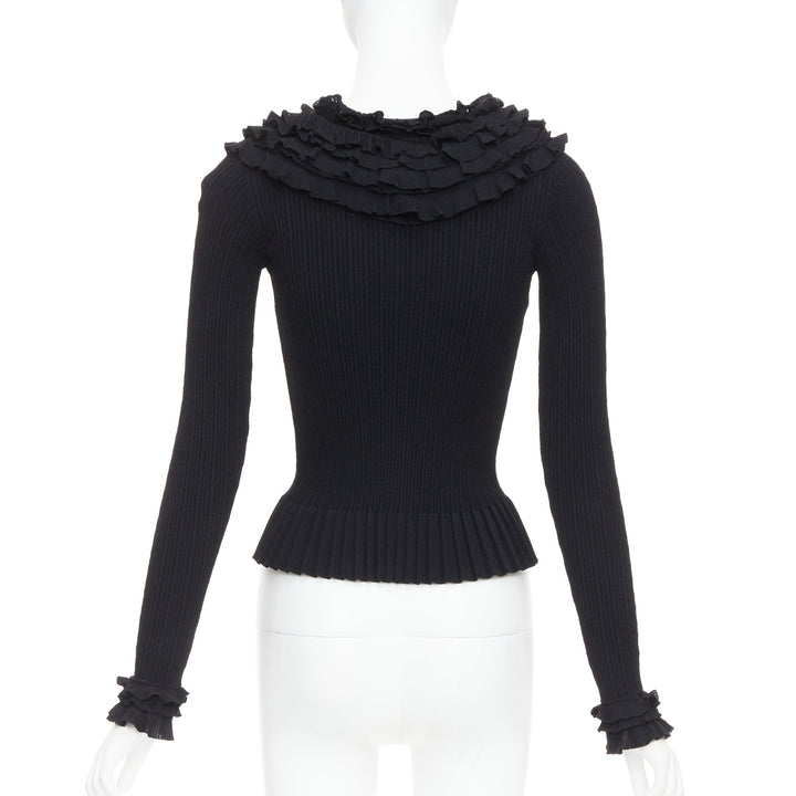 LOUIS VUITTON black ruffle collar cuffs ribbed long sleeves cardigan XS