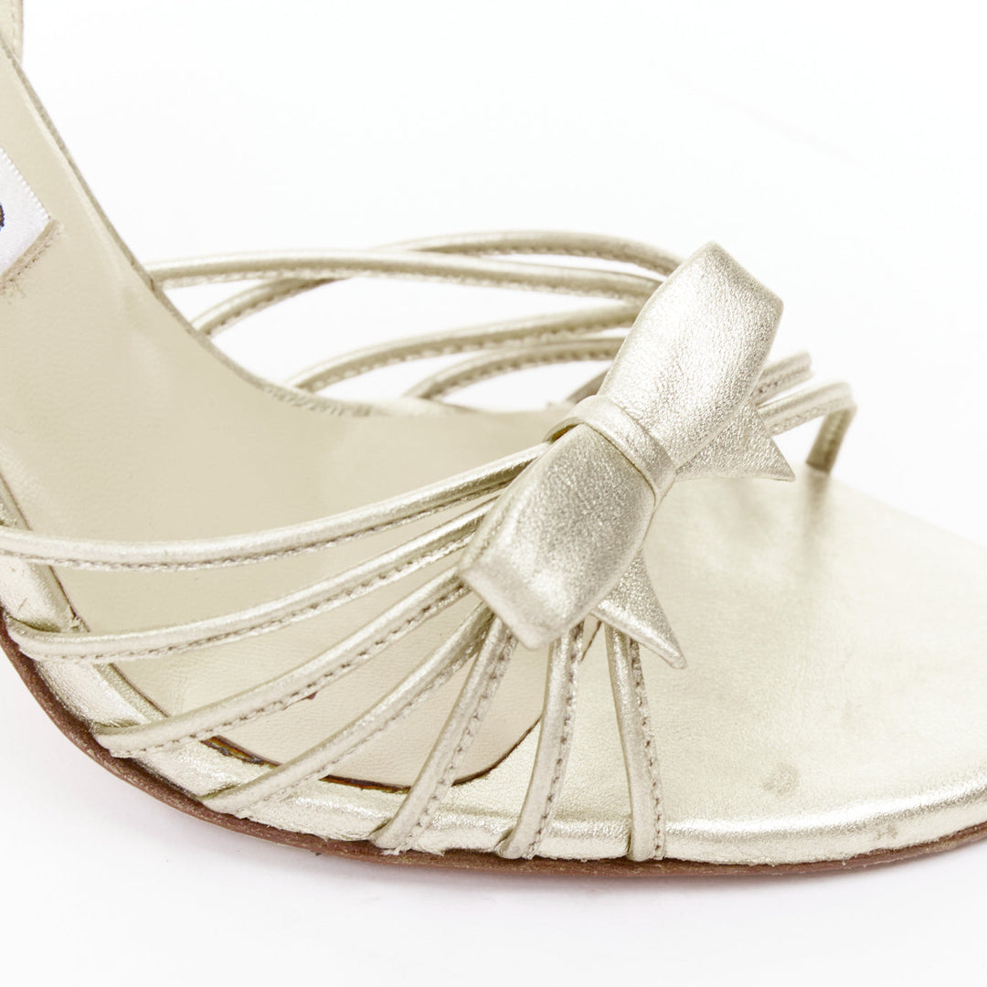 JIMMY CHOO Essence nappa opale gold leather ribbon bow strappy sandals EU37