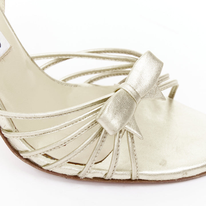JIMMY CHOO Essence nappa opale gold leather ribbon bow strappy sandals EU37