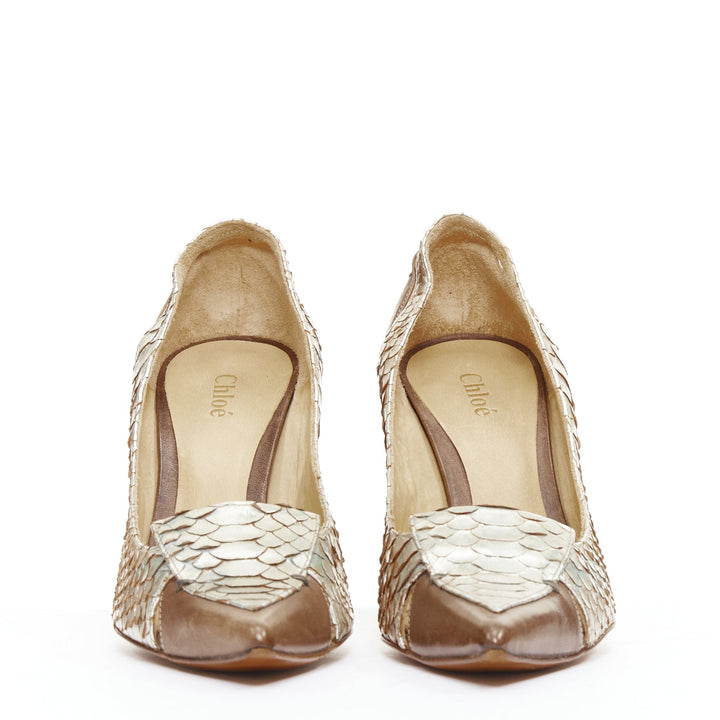 CHLOE Vintage silver metallic scaled leather brown trim pointy pumps EU37.5