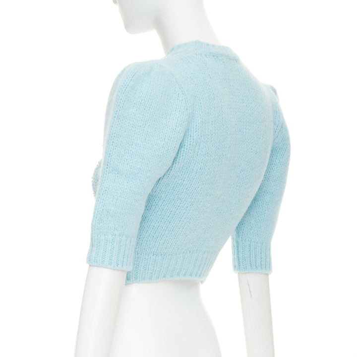 ALESSANDRA RICH pastel blue alpaca pearl embellished cable sweater IT36 XXS
