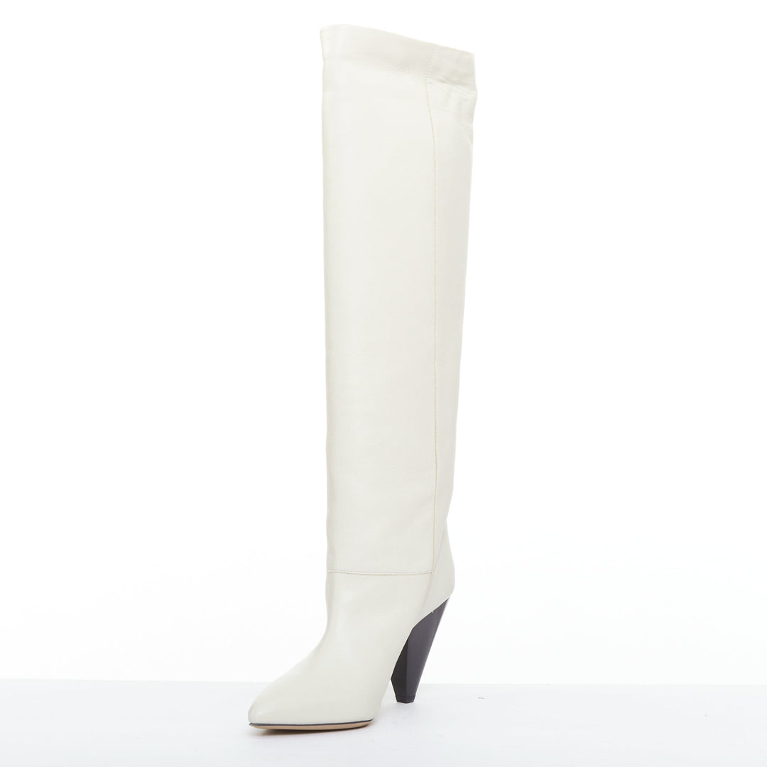 ISABEL MARANT Loens chalk beige lamb leather cone heel high boots EU37