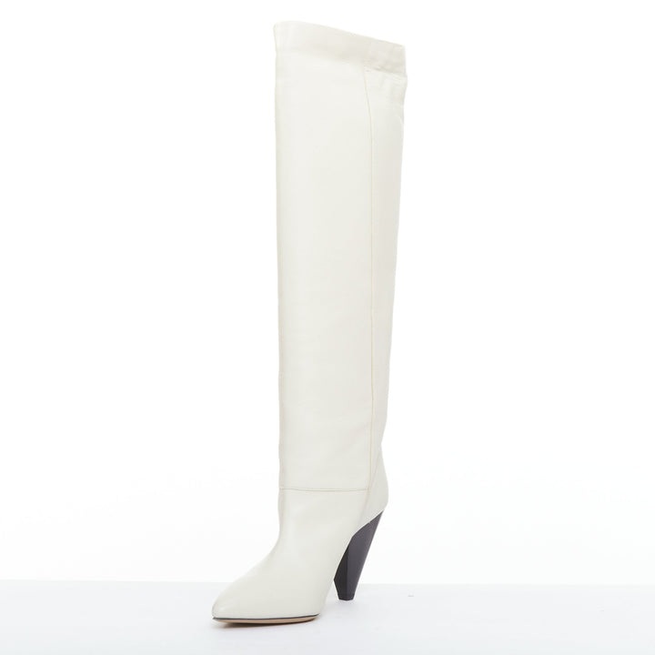 ISABEL MARANT Loens chalk beige lamb leather cone heel high boots EU37