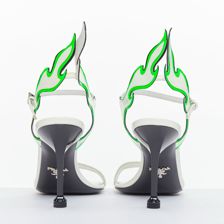 PRADA 2018 Hot Flame Acid Fire white green patent leather mid heel sandal EU36