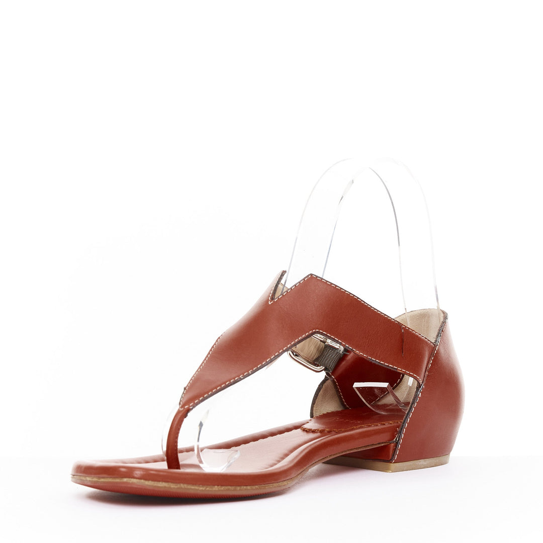 CHRISTIAN LOUBOUTIN brown leather tstrap silver buckles thong sandals EU37