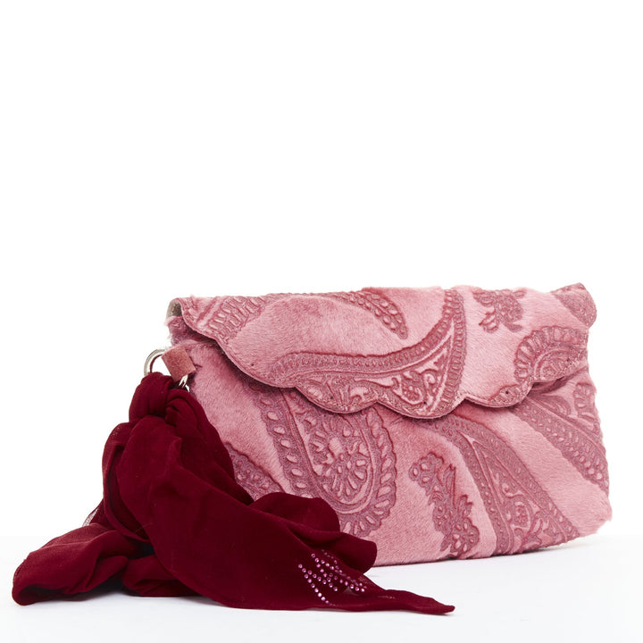 MATTHEW WILLIAMSON pink laser cut calf hair crystal silk wristlet clutch bag