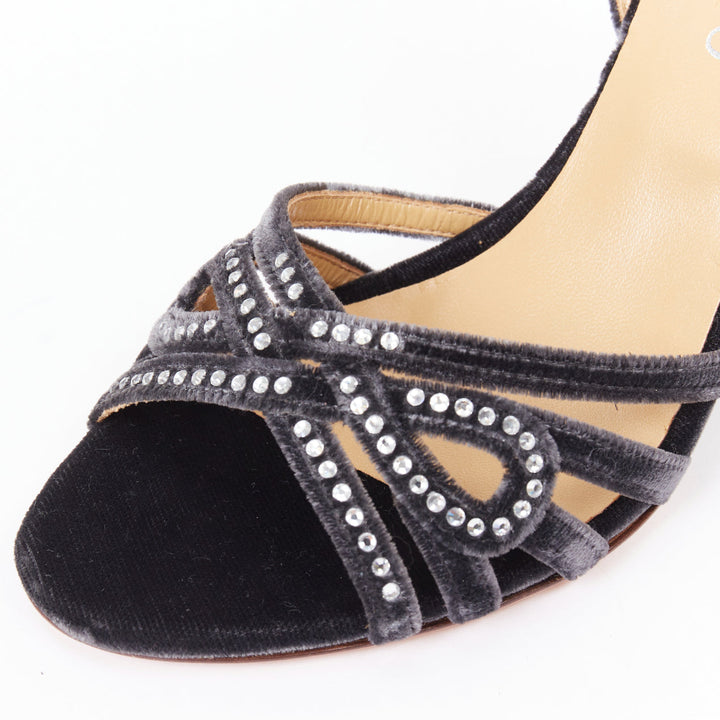 VALENTINO GARAVANI Vintage dark grey crushed velvet crystal wedge sandals EU36