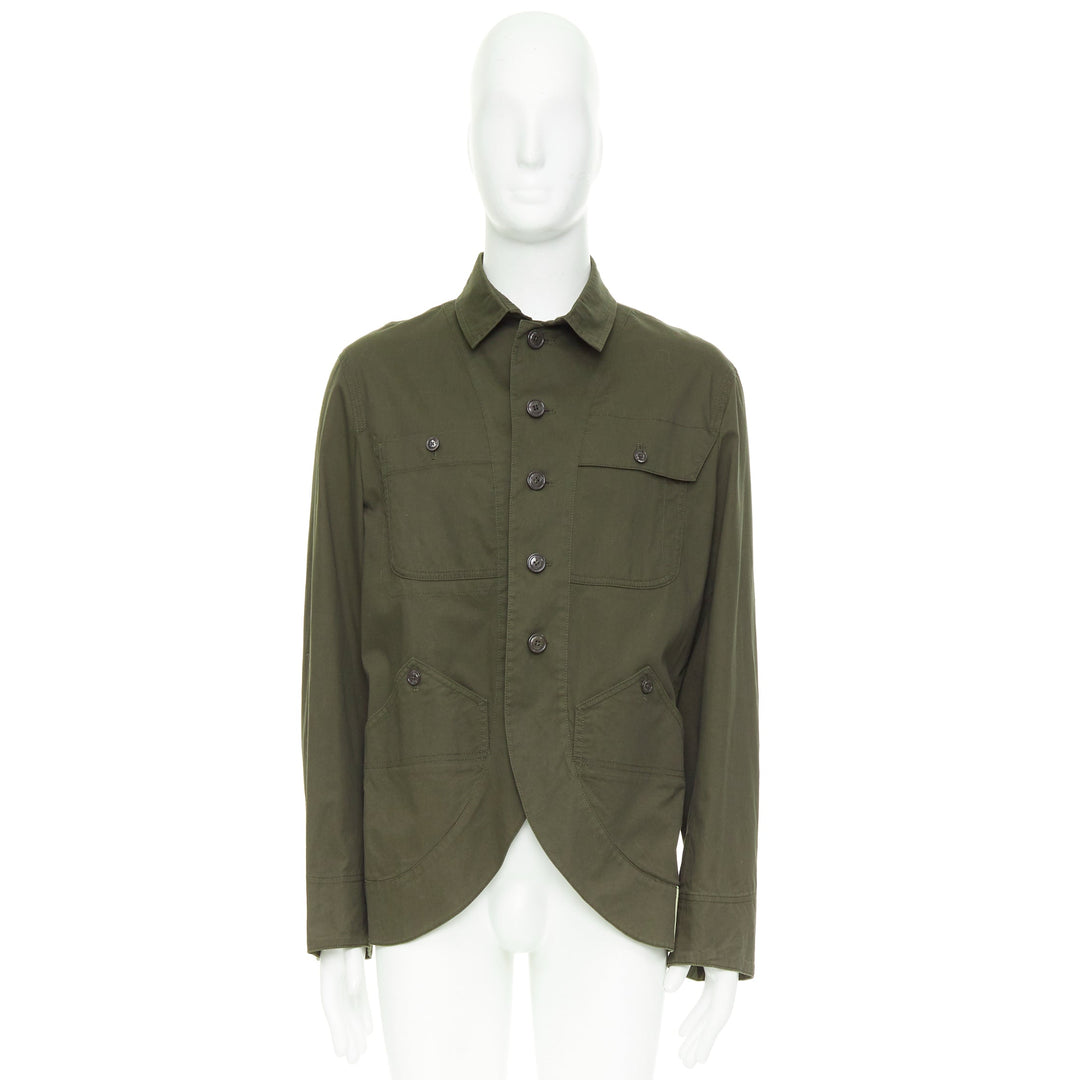Y3 YOHJI YAMAMOTO khaki green cotton curved hem military overshirt jacket JP3 L