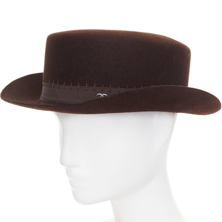 CHANEL 2014 Runway Paris-Dallas brown rabbit hair felt CC topstitch hat M