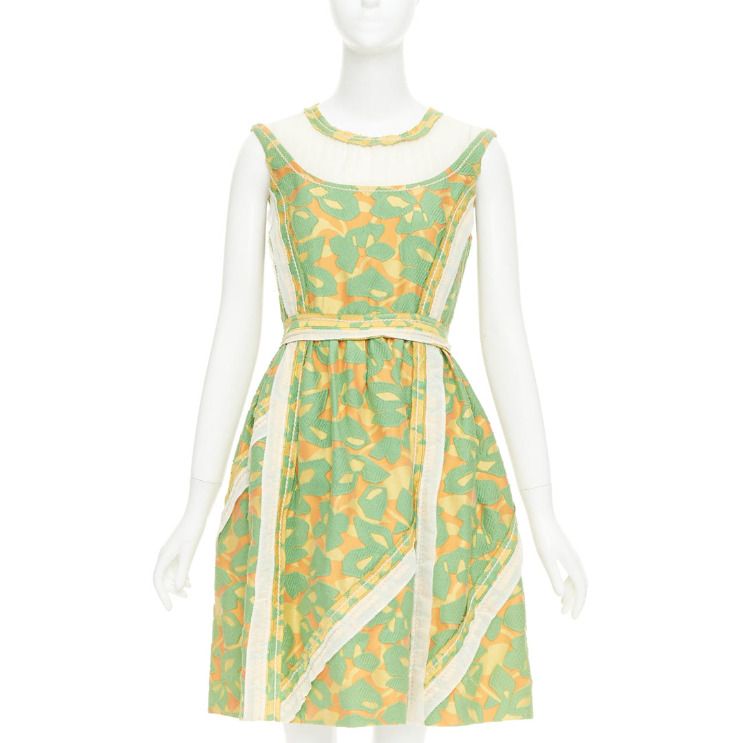 PRADA 2015 Runway green orange raw edge brocade stitch patchwork dress IT40 S