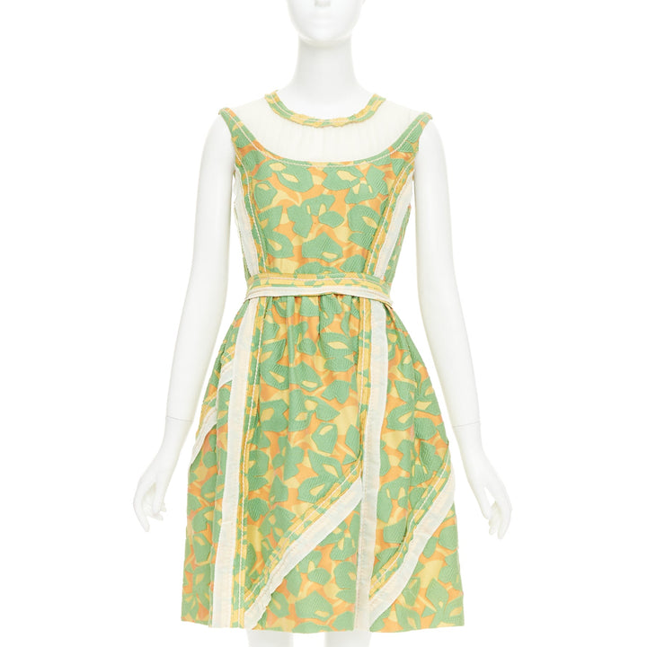 PRADA 2015 Runway green orange raw edge brocade stitch patchwork dress IT40 S