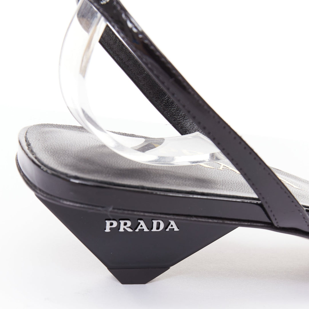 PRADA Vernice black patent leather white triangle logo kitten heel sandals EU39