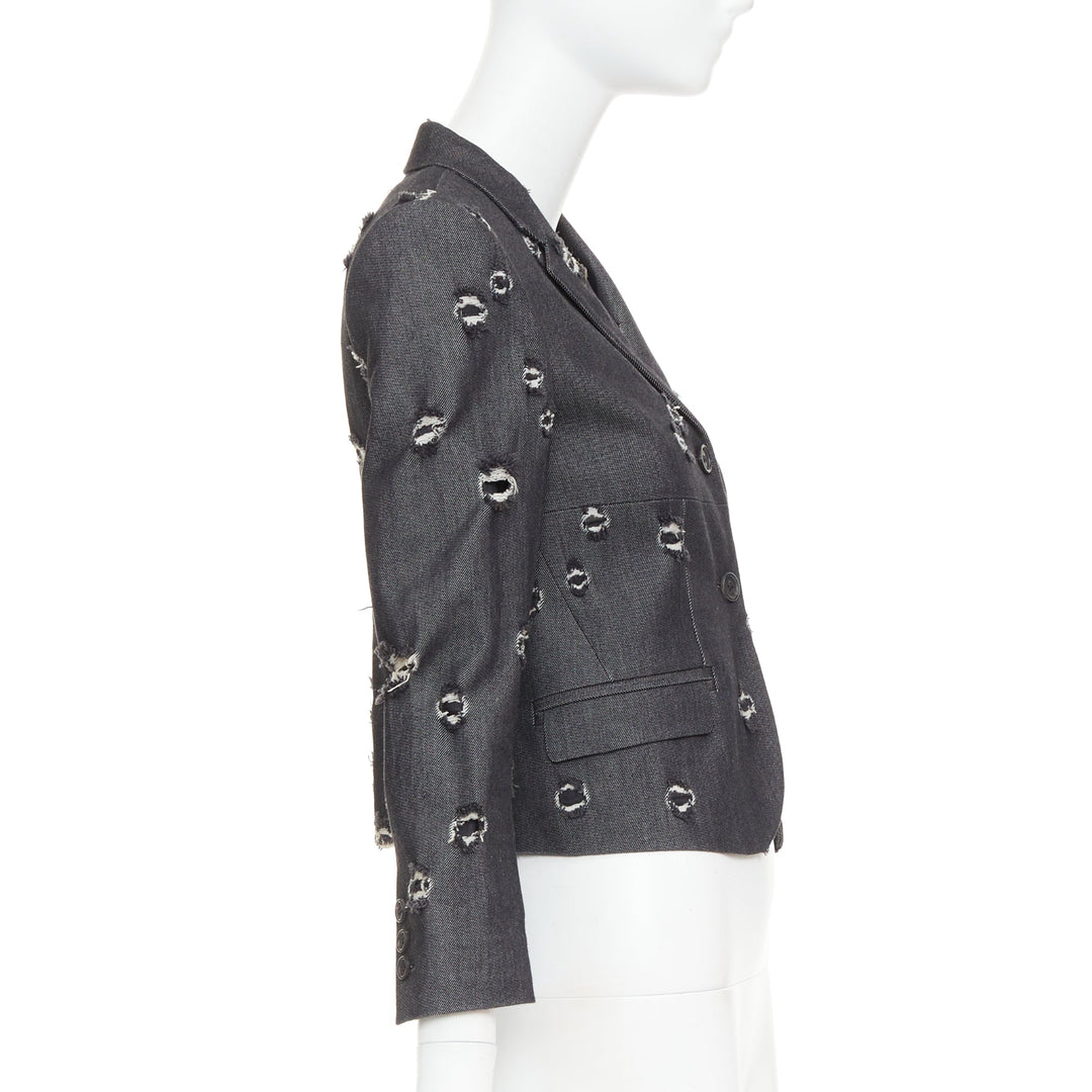 MIU MIU 2009 grey distressed holey cotton crop blazer schoolboy jacket IT38 XS
