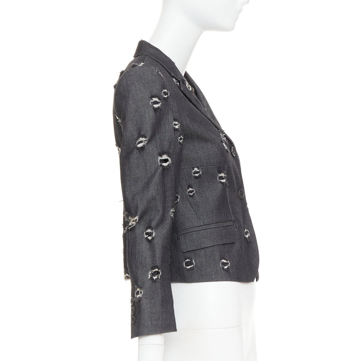 MIU MIU 2009 grey distressed holey cotton crop blazer schoolboy jacket IT38 XS