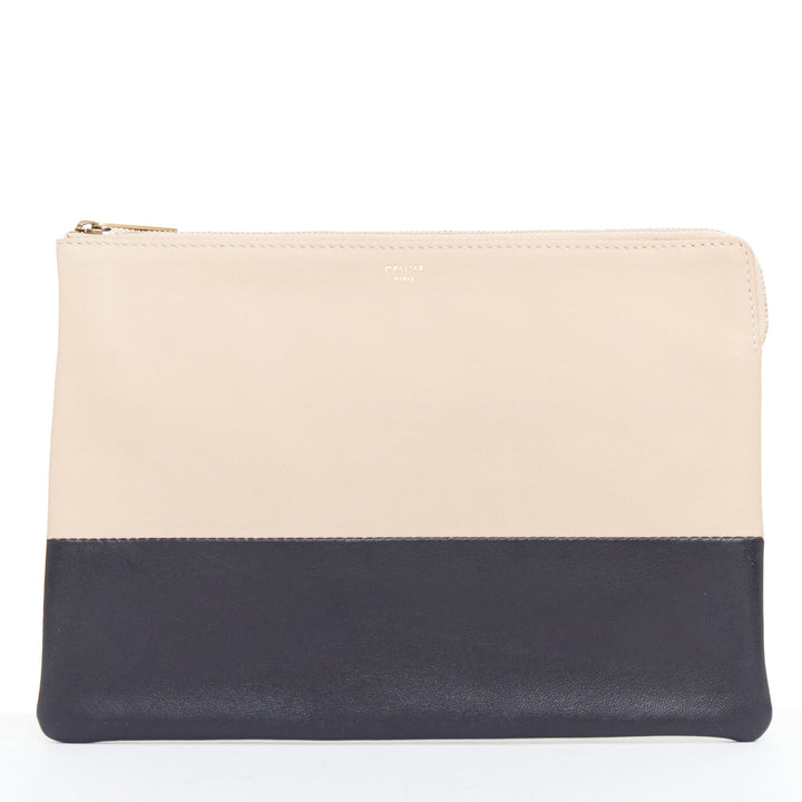CELINE Solo beige black bicolor smooth leather gold logo pouch clutch