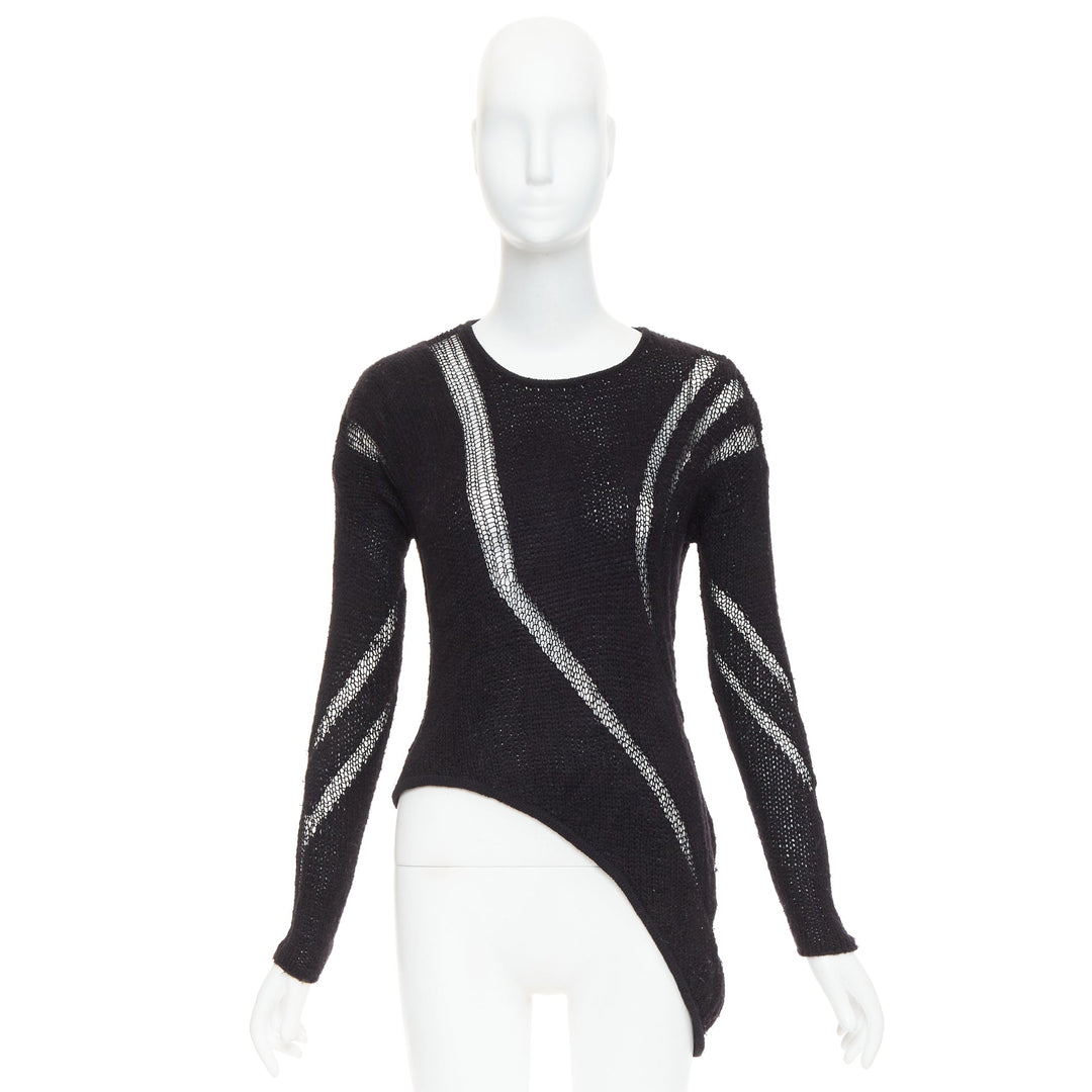 HELMUT LANG black graphic sheer lattice knit asymmetric hem knitted sweater P XS