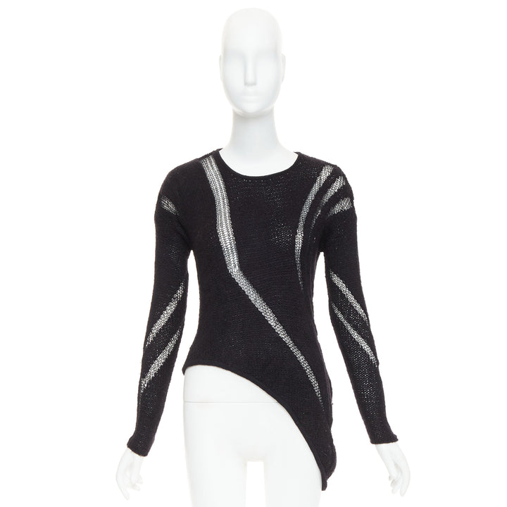 HELMUT LANG black graphic sheer lattice knit asymmetric hem knitted sweater P XS