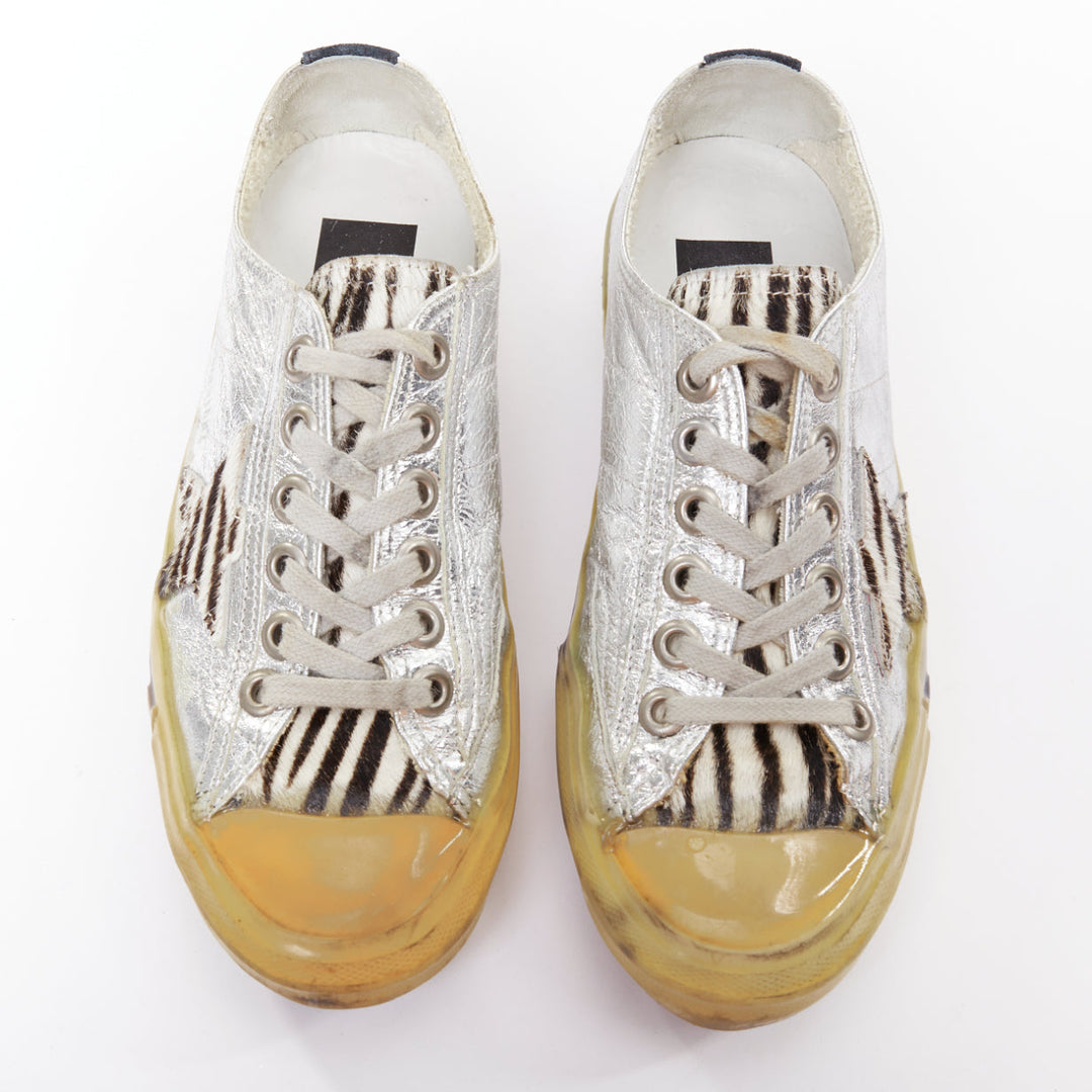 GOLDEN GOOSE May grey suede leopard calf hair silver lace distress sneakers EU37