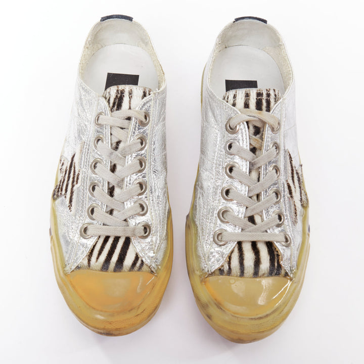 GOLDEN GOOSE May grey suede leopard calf hair silver lace distress sneakers EU37