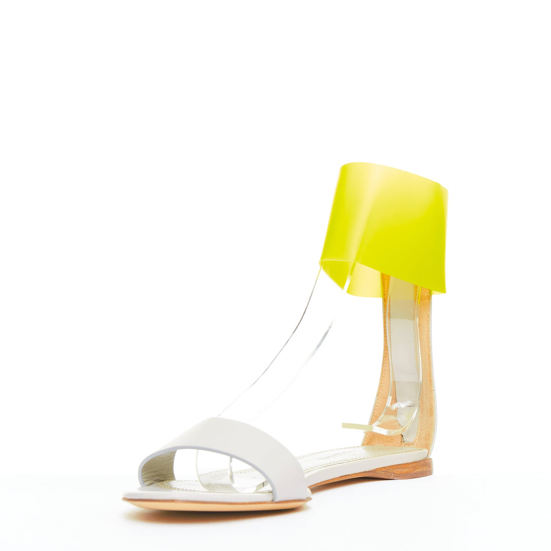 JIL SANDER neon yellow rubber ankle strap grey leather flat sandals EU37