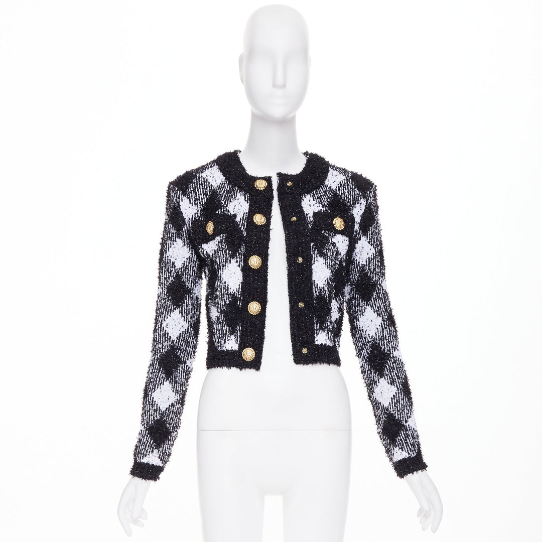 BALMAIN 2023 metallic vichy plaid houndstooth check knit crop cardigan FR34 XS