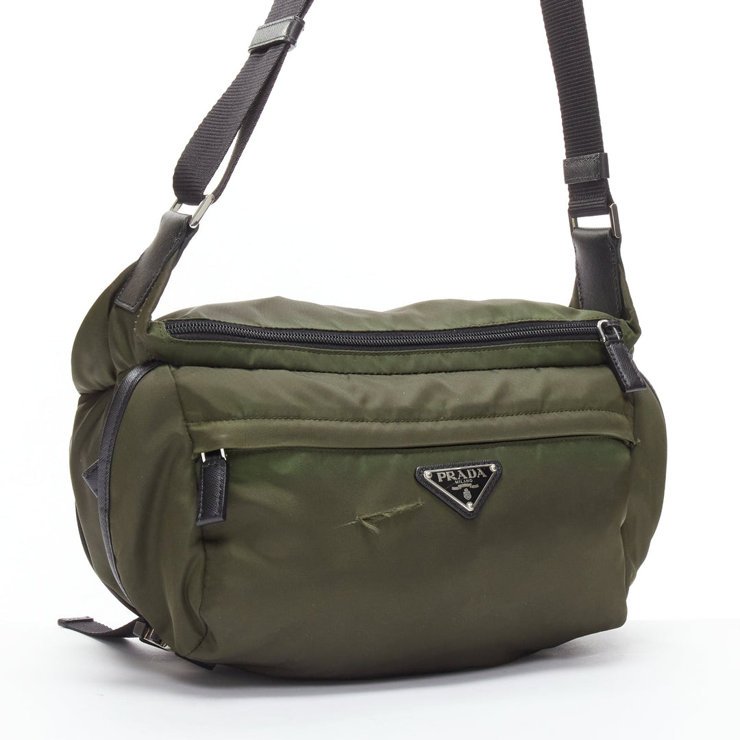 PRADA khaki green triangle logo nylon black strap crossbody bag