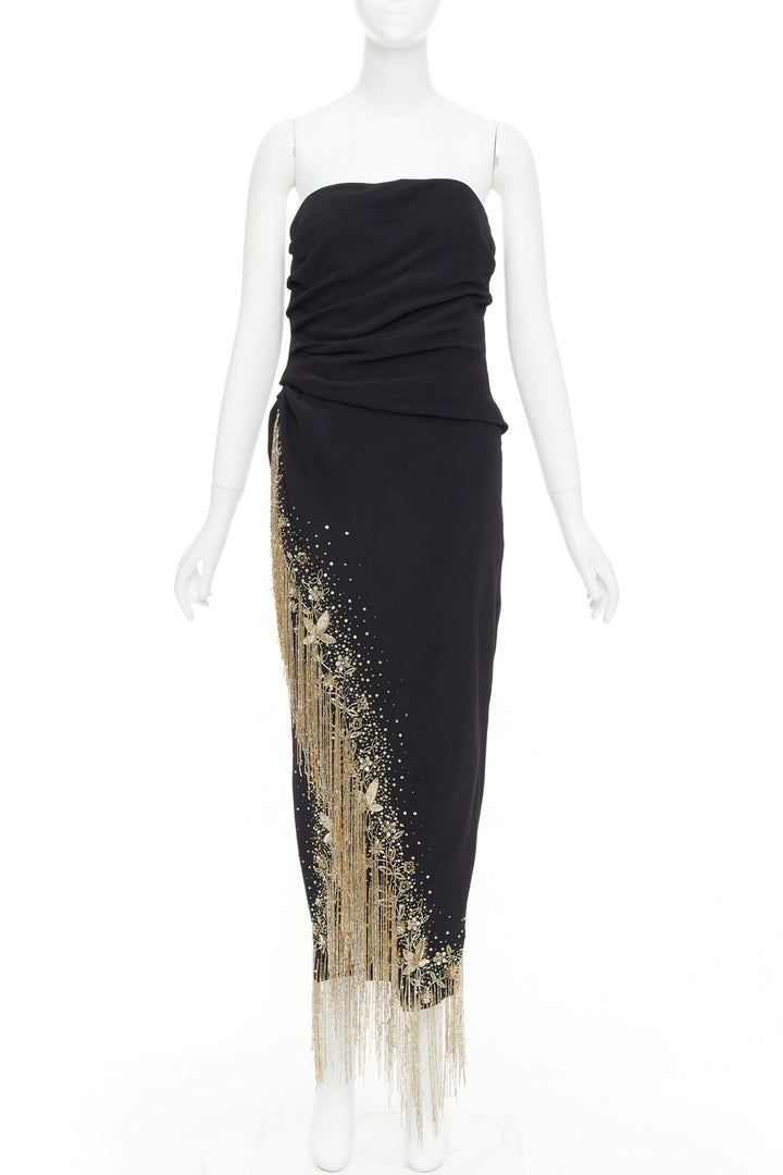 OSCAR DE LA RENTA 2019 Runway black gold sequin fringe strapless dress US8 L