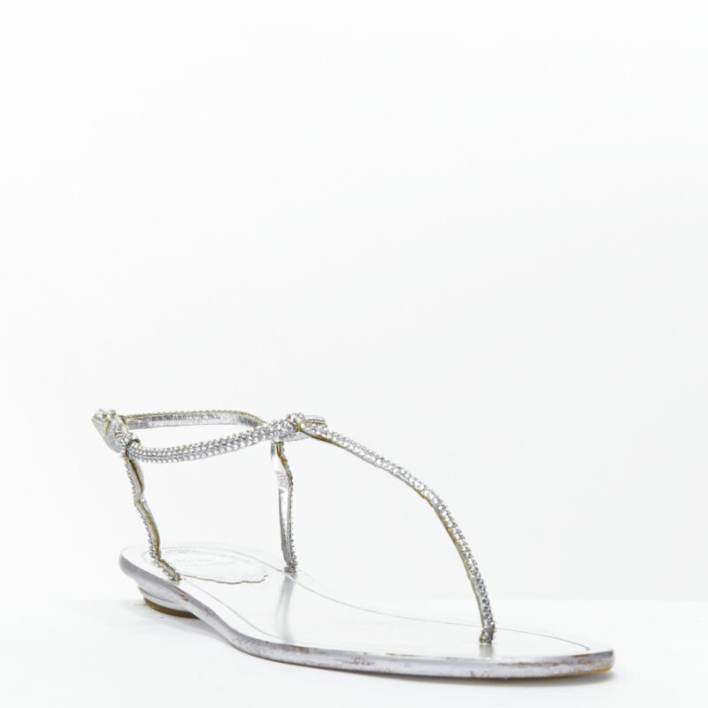 Female mannequin wearing Rene Caovilla Silver Leather Women Sandals in Size EU36 | Available at JHROP