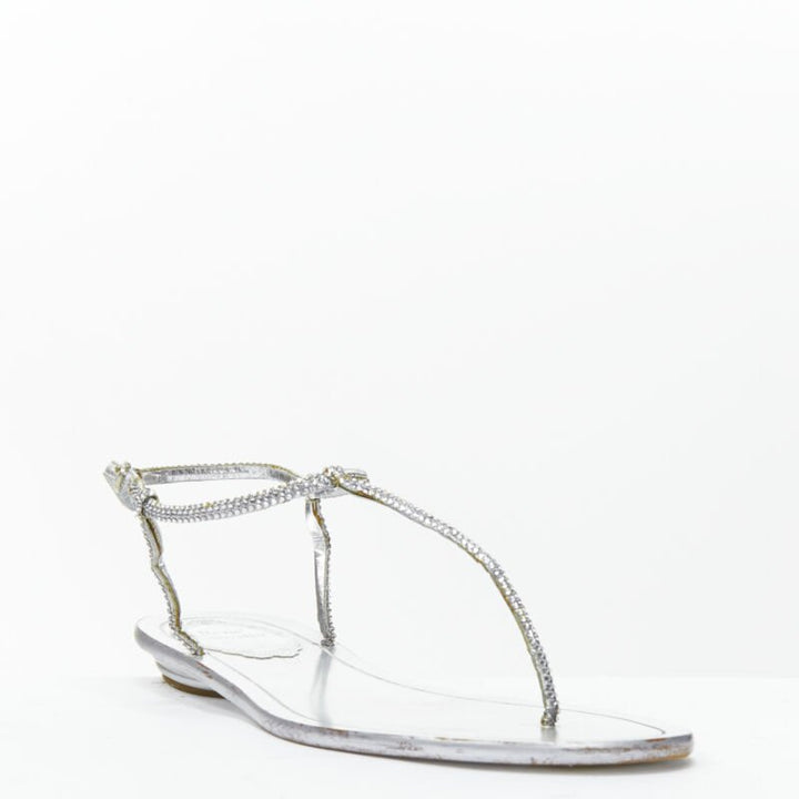 RENE CAOVILLA silver strass rhinestone T-strap flat thong sandals EU36