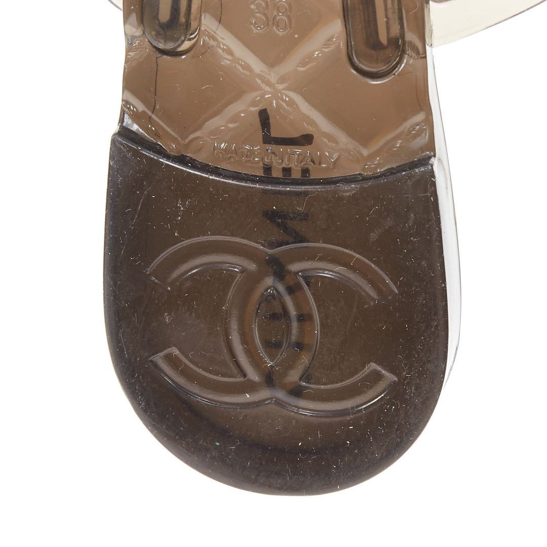 CHANEL gray clear Camellia flower open toe rubber thong flat jelly sandals EU38