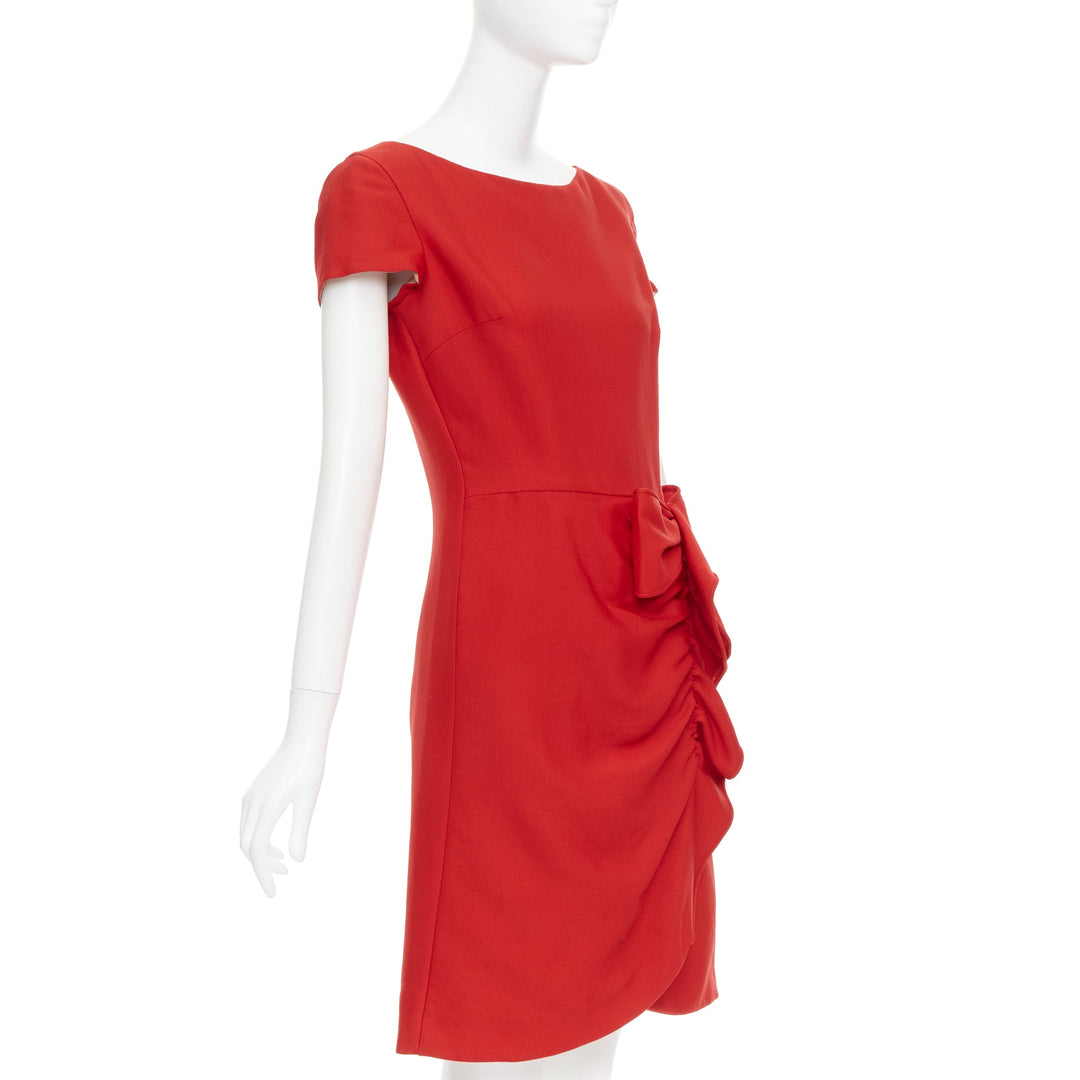 VALENTINO red silk ribbon bow ruffle drape cap sleeves dress US6 M