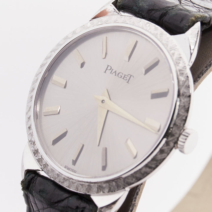 PIAGET Vintage Sunburst Possession silver face black leather logo belted watch