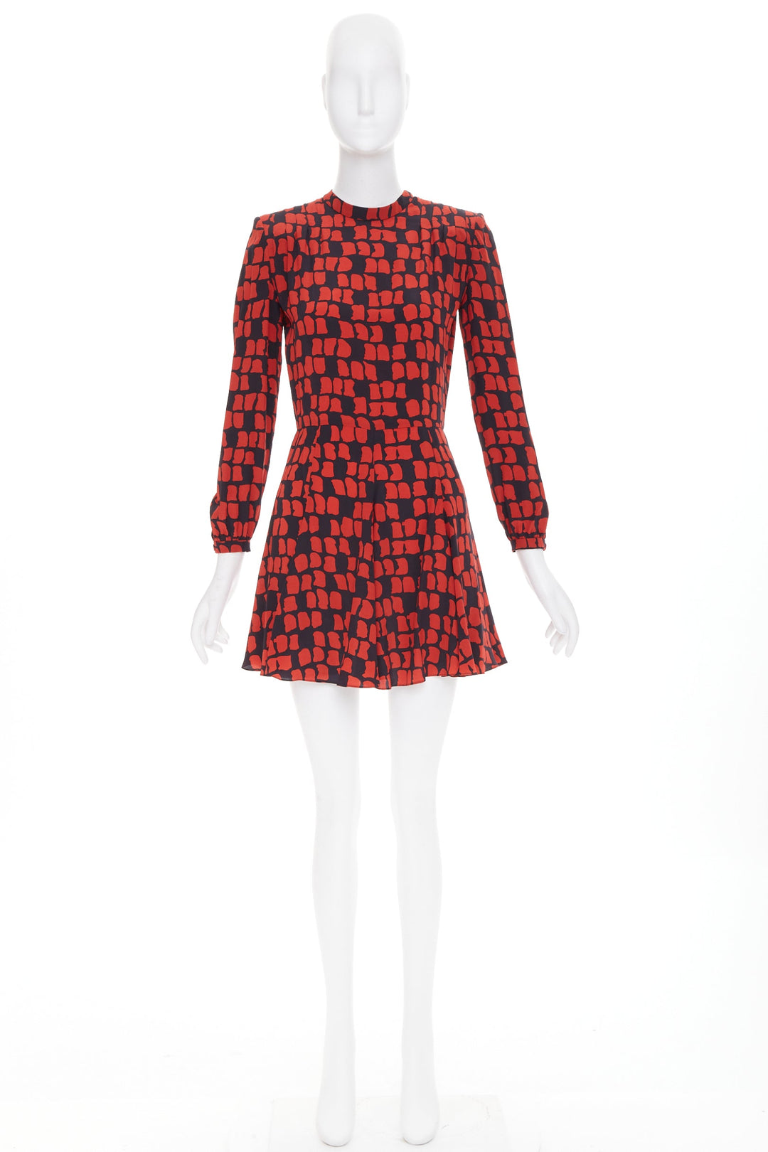 SAINT LAURENT 2012 red black geometric block silk shoulder padded dress FR34 XXS