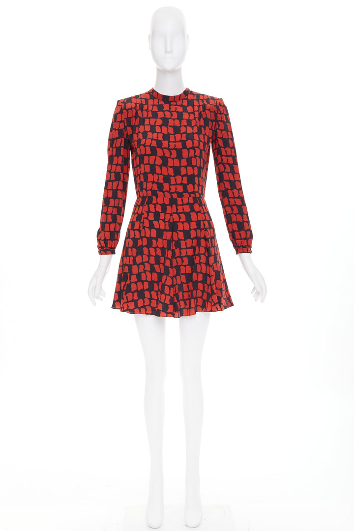 SAINT LAURENT 2012 red black geometric block silk shoulder padded dress FR34 XXS