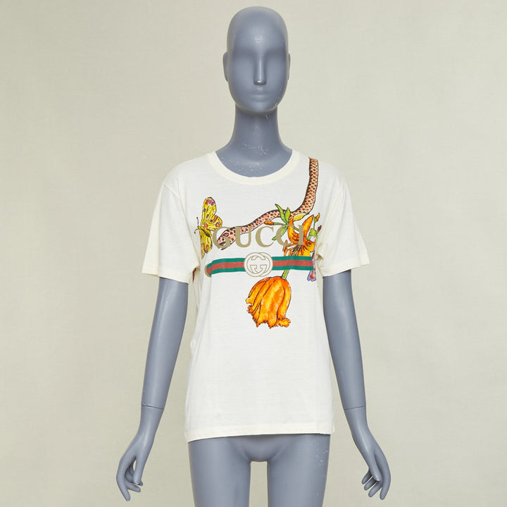 GUCCI Floral Snake Vintage Logo print off-white distressed crew neck tshirt XXS