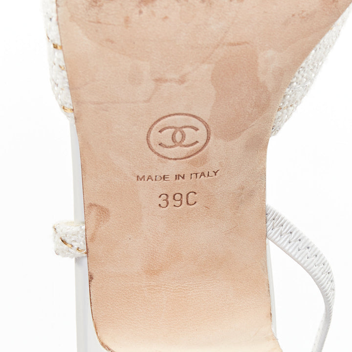 CHANEL white silver gold metallic tweed CC logo block slingback pumps EU39