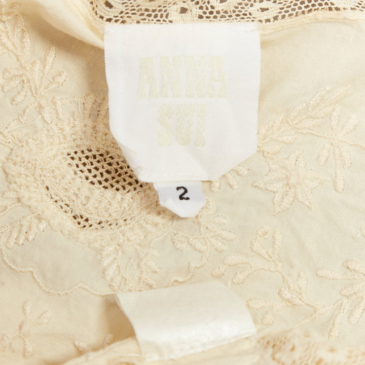 ANNA SUI cream cotton intricate lace floral embroidery ruffle trim bolero jacket