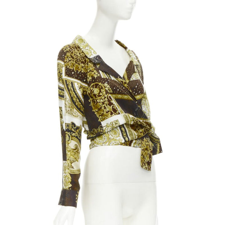 VERSACE 2021 Mosaic Barocco 100% silk print wrap tie cropped shirt IT38 XS