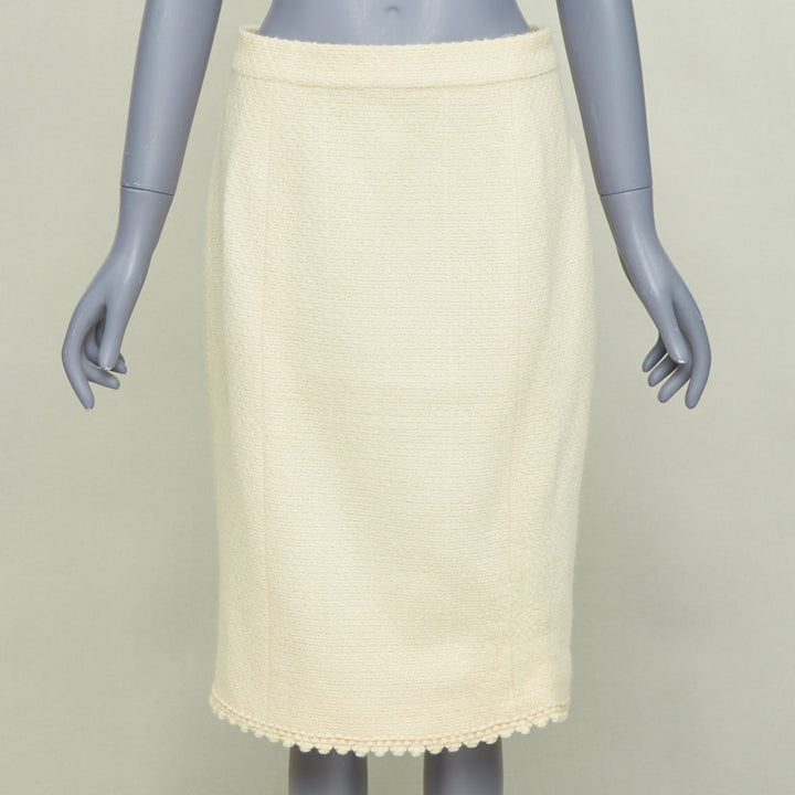 CHANEL Vintage cream wool tweed scalloped hem silk lined pencil skirt FR42 XL