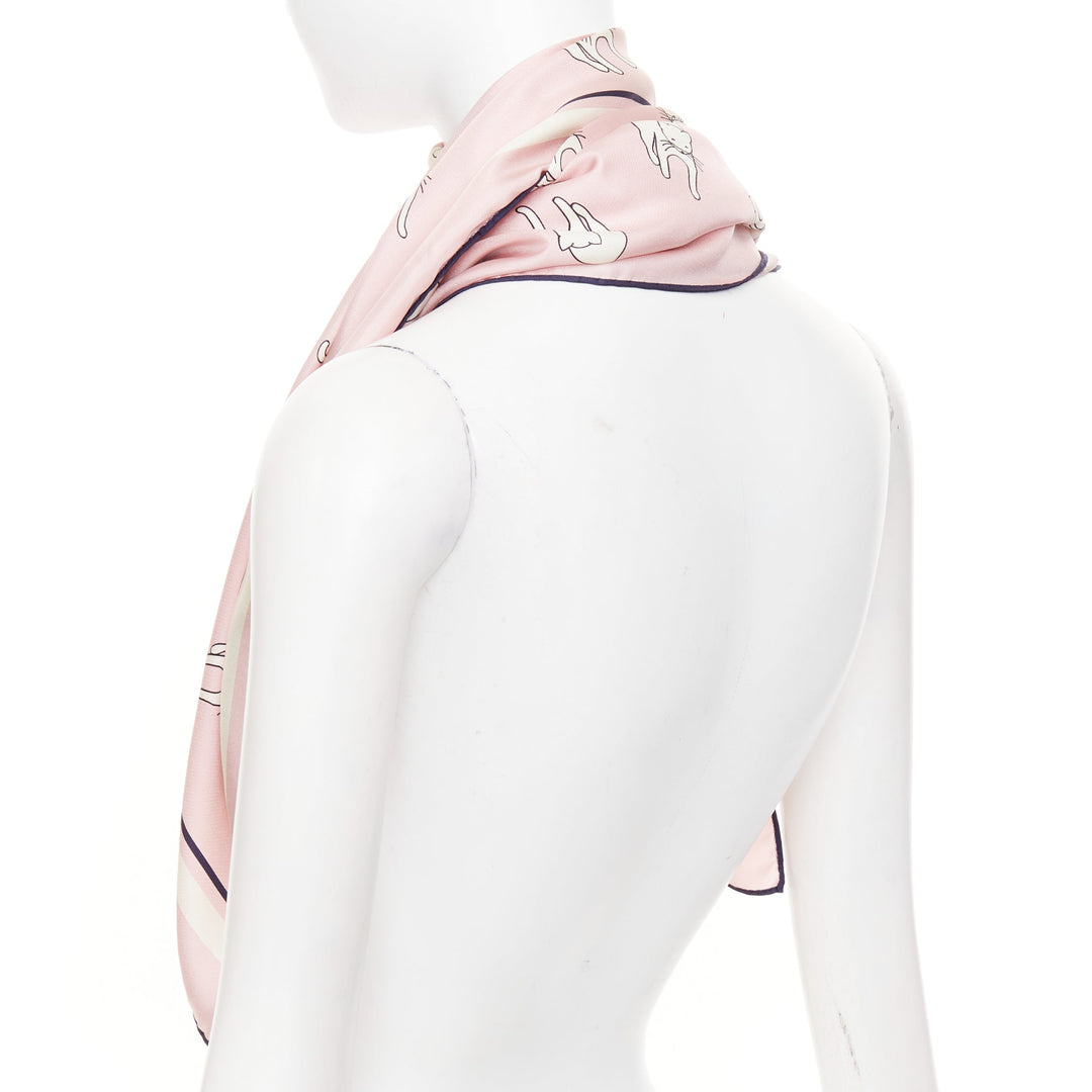 MIU MIU 2020 Whimsical Animal Cat Print silk twill light pink black  large scarf
