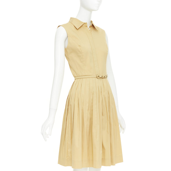 OSCAR DE LA RENTA S14 tan cotton blend sleeveless pleated shirt dress US2 S