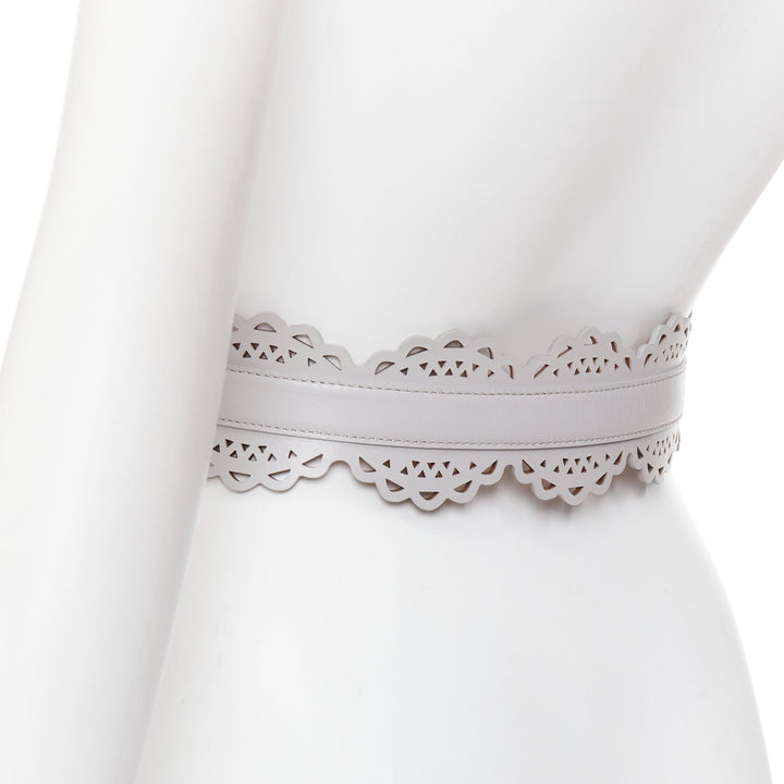 ALAIA light grey leather laser cut details silver buckle scallop belt 65cm
