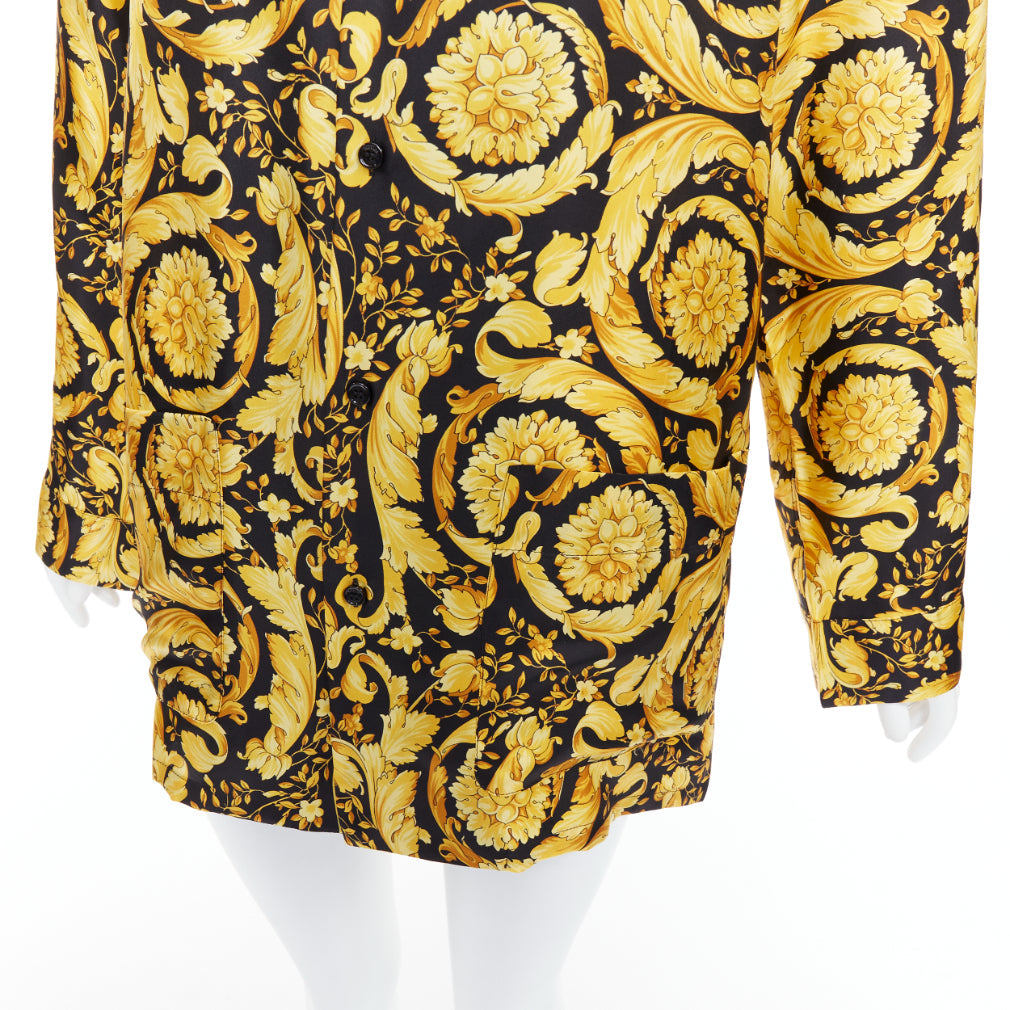 VERSACE 100% silk Signature Barocco Baroque black gold print pajama shirt Sz2 M