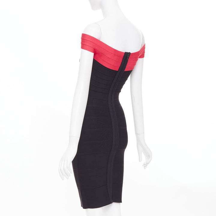 HERVE LEGER red colorblock off shoulder bandage bodycon cocktail dress XXS