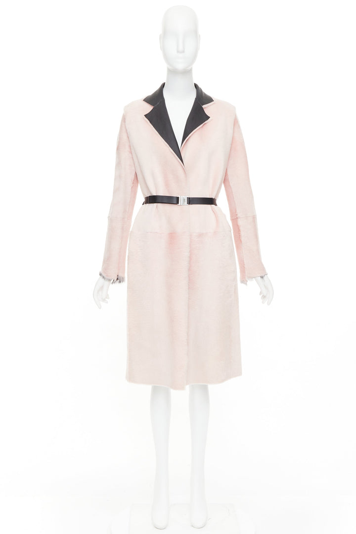 OLD CELINE Phoebe Philo 2015 baby pink lamb shearling leather collar coat FR40 L