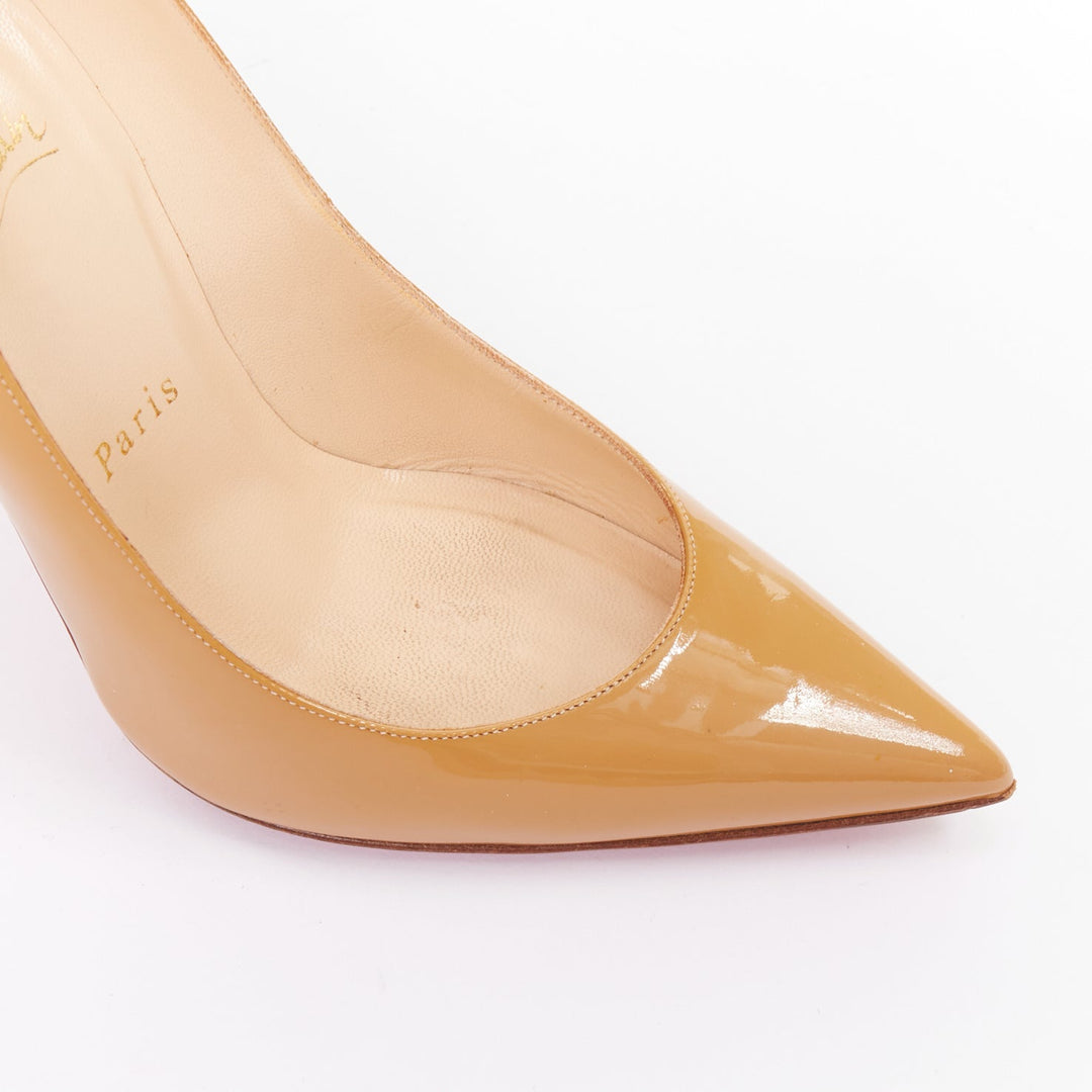 CHRISTIAN LOUBOUTIN So KAte beige tan patent point toe stiletto pumps EU37.5