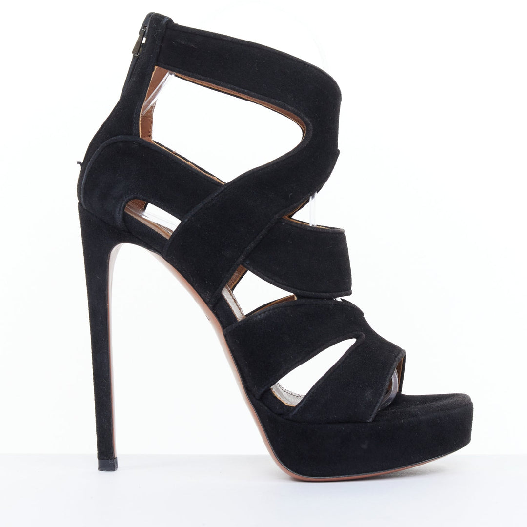 ALAIA 2012 black wavy suede caged cutout strappy open toe platform sandals EU35