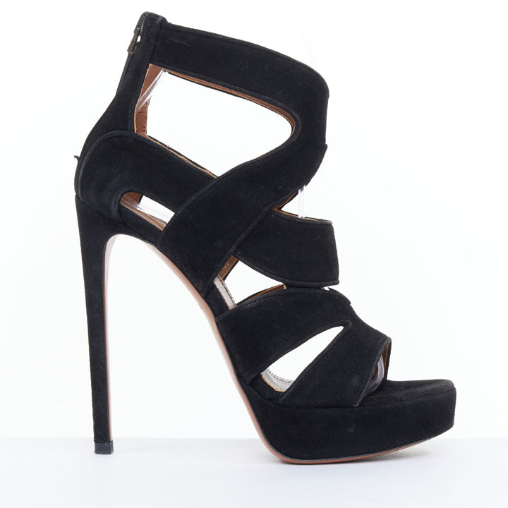 ALAIA 2012 black wavy suede caged cutout strappy open toe platform sandals EU35