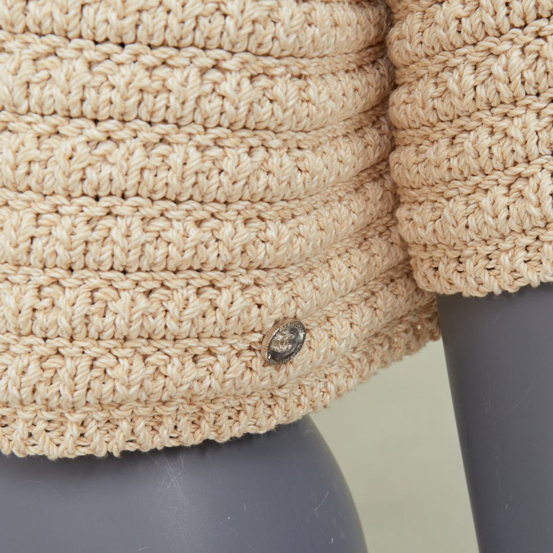 CHANEL 25C Runway garter stitch boat neck oat beige cropped knit top FR36 S