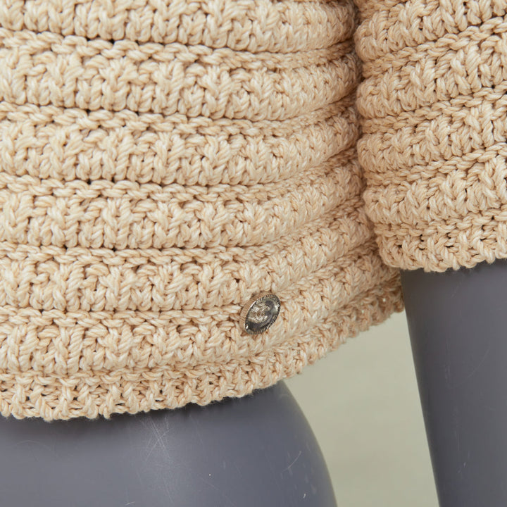 CHANEL 25C Runway garter stitch boat neck oat beige cropped knit top FR36 S